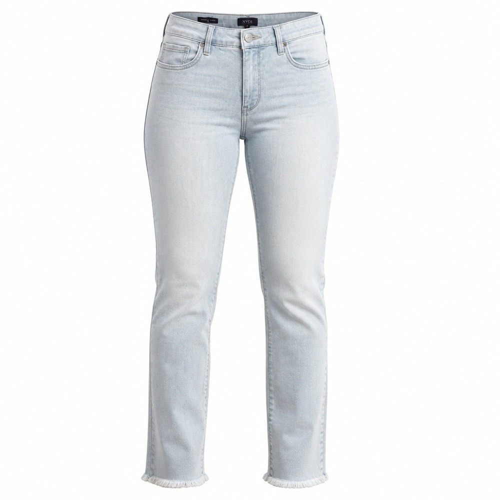 NYDJ Relaxed Straight Jeans 14 Light Blue Raw Hem Lift Tuck Coastal Long 34 X 32